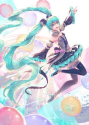 1girl :d aqua_eyes aqua_hair aqua_shoes aqua_sleeves back_bow balloon black_sleeves black_thighhighs bow detached_collar detached_sleeves dress frilled_sleeves frilled_thighhighs frills full_body grey_dress hair_between_eyes hatsune_miku high_heels highres kozou_kazaru long_hair open_mouth shoes smile solo teeth thighhighs tongue twintails upper_teeth_only very_long_hair vocaloid