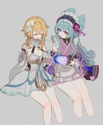 2girls aqua_hair bare_shoulders black_gloves blonde_hair breasts cleavage closed_eyes detached_sleeves dress flower frilled_hairband frills genshin_impact gloves grey_background hair_flower hair_ornament hairband hand_fan highres holding holding_fan invisible_chair japanese_clothes kimono kuromu_shado long_sleeves looking_at_another lumine_(genshin_impact) multiple_girls parted_lips partially_fingerless_gloves pink_kimono pointy_ears short_hair_with_long_locks simple_background sitting smile twitter_username white_dress yumemizuki_mizuki