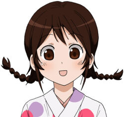 Rule 34 | 1girl, :d, bad source, braid, brown eyes, brown hair, commentary request, japanese clothes, kimono, lowres, maso (ascii art), medium hair, open mouth, original, polka dot, polka dot kimono, smile, solo, twin braids, upper body