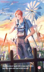 1boy animal_print artist_request bag bare_arms blue_flower blue_overalls blue_shirt blue_sky brown_eyes buckle character_name closed_mouth cloud collared_shirt commentary copyright_name cow cow_print cup english_commentary english_text farmer fence field flower flower_field frilled_sleeves frills full_body gradient_sky hand_on_own_hip happy highres holding holding_cup jewelry light_particles logo looking_ahead male_focus moo_ranch_(shining_nikki) mug necklace nikki_(series) official_art orange_hair outdoors overalls parted_bangs purple_flower rake red_flower second-party_source shining_nikki shirt short_hair short_sleeves sky smile solo sunset tank_top tote_bag white_bag white_tank_top windmill yeeso_(shining_nikki) yellow_sky