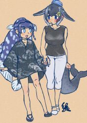 2girls alternate_costume alternate_hairstyle anchor_hair_ornament bare_legs bare_shoulders black_choker black_sandals black_shirt blowhole blue_eyes blue_hair blue_nails blue_whale_(kemono_friends) blunt_bangs blush braid capri_pants casual cetacean_tail choker coelacanth_(kemono_friends) dorsal_fin fins fish_girl fish_tail grey_hair grey_kimono hair_ornament hair_up head_fins height_difference holding_hands japanese_clothes kemono_friends kimono kishida_shiki long_hair long_sleeves multicolored_hair multiple_girls nail_polish pants sandals shirt shoes short_hair short_kimono side_braid sleeveless smile sweatdrop tail whale_girl white_pants white_shoes