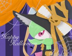 1girl artist_name bare_shoulders black_dress black_hat blurry blurry_foreground bob_cut bow colored_skin creatures_(company) detached_sleeves dress english_text female_focus from_side game_freak gardevoir gardevoir_(halloween) gen_3_pokemon green_hair green_skin hadzuki_iroha hair_over_one_eye happy_halloween hat hat_bow hat_ribbon jack-o&#039;-lantern looking_at_viewer multicolored_skin neck_ribbon nintendo one_eye_covered orange_bow orange_ribbon orange_sleeves pokemon pokemon_(creature) pokemon_cafe_remix purple_background red_eyes ribbon short_hair signature silk sleeveless sleeveless_dress solo spider_web striped_background two-tone_skin upper_body white_skin witch_hat