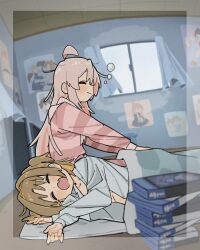2girls absurdres ahoge blanket book book_stack brown_hair commentary curtains fang futon grey_hair hair_intakes highres indoors light_blush long_hair long_sleeves lying messy_hair morning multiple_girls oka_asahi on_side onii-chan_wa_oshimai! open_clothes open_mouth open_shirt orange_hair oyama_mahiro pajamas pink_hair poster_(object) shirt short_hair sitting skin_fang squeans striped_clothes striped_pajamas two_side_up under_covers waking_up wavy_mouth white_shirt window yuzuponzup