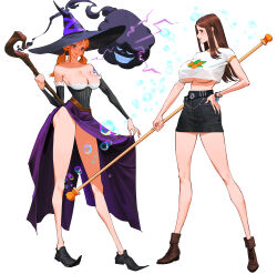 2girls :p absurdres arm_tattoo bare_legs bare_shoulders belt black_belt black_footwear black_headwear black_skirt blush boots bracelet breasts brown_eyes brown_footwear brown_hair bubble cleavage clima-tact closed_mouth clothes_lift commentary cosplay costume_switch crop_top crop_top_overhang cropped_shirt cross-laced_footwear crossover denim denim_skirt detached_sleeves dragon&#039;s_crown electricity english_commentary full_body hand_on_own_hip hat hat_ribbon highres holding holding_polearm holding_staff holding_weapon jewelry large_breasts legs_apart lifting_own_clothes log_pose long_hair looking_at_viewer miniskirt multiple_girls nami_(one_piece) nami_(one_piece)_(cosplay) one_piece orange_eyes orange_hair pencil_skirt polearm purple_ribbon purple_skirt ribbon shirt shoes short_sleeves side_slit simple_background skirt skirt_lift smile smirk sorceress_(dragon&#039;s_crown) sorceress_(dragon&#039;s_crown)_(cosplay) staff standing straight_hair striped_sleeves tattoo thighs tongue tongue_out twintails underboob weapon white_background white_shirt witch_hat wonbin_lee zeus_(one_piece)