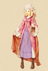 1girl blonde_hair boots breasts brown_eyes final_fantasy final_fantasy_tactics full_body hat highres medium_hair open_mouth orator_(fft) parody robe shinichi_kobe simple_background smile solo staff style_parody weapon