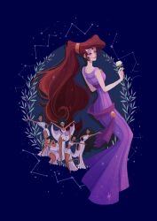 6+girls arms_up black_hair calliope_(disney) clio_(disney) commentary dress english_commentary flower full_body hercules_(1997_film) highres holding holding_flower long_hair megara_(disney) melponene_(disney) moko_eaka multiple_girls ponytail purple_dress purple_eyes red_hair smile sparkle striped_clothes striped_dress terpsichore_(disney) thalia_(disney) vertical-striped_clothes vertical-striped_dress white_dress