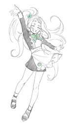 1girl alternate_costume ankle_socks apron arm_up blush bow breasts closed_eyes cyan_(to_be_hero_x) enmaided four-leaf_clover_ornament four-leaf_clover_print frilled_apron frills green_bow green_ribbon greyscale hair_ornament hanmu_2 highres long_hair long_sleeves maid maid_apron monochrome open_mouth ponytail ribbon shorts side_ponytail simple_background smile socks solo spot_color teeth thick_eyebrows to_be_hero to_be_hero_x very_long_hair white_apron white_background