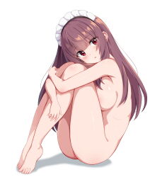 1girl alcmls1230 areola_slip barefoot blunt_bangs blush breast_press breasts brown_hair character_request completely_nude fetal_position from_side full_body highres hugging_own_legs knees_up large_breasts legs_together long_hair looking_at_viewer looking_to_the_side maid_headdress nude parted_lips red_eyes shadow simple_background sitting solo tenkafuma toes white_background