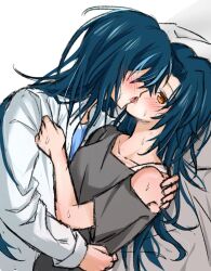 2girls ausa_lshadow blue_hair blush chinese_commentary commentary_request french_kiss grey_shirt hand_on_another&#039;s_shoulder highres kiss long_sleeves mole mole_under_eye multiple_girls off-shoulder_shirt off_shoulder orange_eyes original saliva shirt short_sleeves sweat tongue tongue_out white_background white_shirt yuri