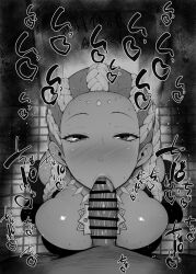1girl bodypaint braid braided_ponytail breast_press breasts dark-skinned_female dark_skin dolores_(kof) dress erection fellatio female_focus jewelry kneeling kurotama large_breasts large_penis leaning_forward licking licking_penis long_hair multicolored_hair open_mouth oral penis pov sitting the_king_of_fighters thighs tongue tongue_out two-tone_hair wet white_hair