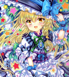 Rule 34 | 1girl, :d, apron, black bow, black hat, black skirt, blonde hair, blue bow, blue ribbon, blush, bow, braid, embellished costume, frilled bow, frills, hat, hat bow, hat ribbon, kirisame marisa, long hair, looking at viewer, marker (medium), open mouth, pointing, pointing at self, puffy short sleeves, puffy sleeves, ribbon, rui (sugar3), shirt, short sleeves, side braid, single braid, skirt, smile, solo, star (symbol), touhou, traditional media, upper body, very long hair, white apron, white shirt, witch hat, wrist cuffs, yellow eyes