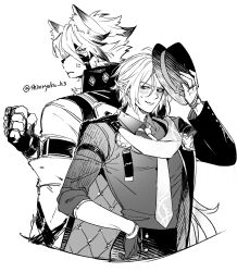 2boys anger_vein animal_ear_fluff annoyed arm_belt arm_up belt belt_buckle blush boater_hat buckle cape clenched_hand collared_shirt commentary_request fingerless_gloves gloves hair_between_eyes hat highres holding holding_unworn_clothes holding_unworn_hat hugo_vlad long_hair long_pointy_ears long_sleeves looking_back male_focus multiple_boys necktie pants pointy_ears quilted_cape scarf shinryoku_k3 shirt shirt_tucked_in sideways_glance simple_background sleeve_cuffs twitter_username unworn_hat unworn_headwear von_lycaon white_background wing_collar zenless_zone_zero