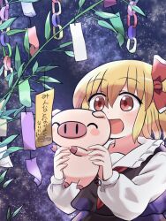 1girl :d ^_^ animal black_vest blonde_hair bow closed_eyes commentary_request hair_bow highres holding holding_animal long_sleeves open_mouth outdoors pig plant red_bow red_eyes rokugou_daisuke rumia short_hair signature sky smile star_(sky) starry_sky tanabata touhou touhou_cannonball translation_request upper_body vest