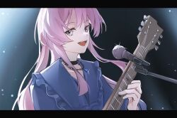 Rule 34 | 1girl, :d, bang dream!, bang dream! it&#039;s mygo!!!!!, black choker, blue gemstone, blue jacket, chain, chain necklace, chihaya anon, chinese commentary, choker, commentary request, fang, frilled jacket, frills, gem, glint, grey eyes, guitar, hand up, highres, holding, holding guitar, holding instrument, instrument, jacket, jewelry, letterboxed, light particles, long hair, long sidelocks, long sleeves, looking at viewer, microphone, microphone stand, monnku, necklace, open mouth, pendant, pink hair, sidelocks, smile, solo, teeth, upper body, upper teeth only