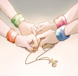 4boys akehoshi_subaru clenched_hand ensemble_stars! fist_bump hand_focus hidaka_hokuto highres holding holding_jewelry holding_necklace isara_mao jewelry multiple_boys necklace simple_background sweat syerii wristband yuuki_makoto_(ensemble_stars!)