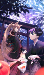 Rule 34 | aerial fireworks, animal ears, bag, bagged fish, brown hair, character request, copyright request, fireworks, fish, fox ears, hair between eyes, haori, highres, holding, holding hands, japanese clothes, kimono, long hair, long sleeves, male focus, mask, mask on head, night, outdoors, purple hair, s tane, standing, torii, very long hair, wide sleeves