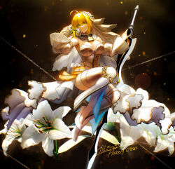 Rule 34 | 1girl, absurdres, aestus estus, ahoge, bare shoulders, belt, blonde hair, breasts, chain, cleavage, detached collar, detached sleeves, elbow gloves, fate/grand order, fate (series), flower, flower wreath, full body, gloves, green eyes, grin, hair between eyes, hair intakes, head wreath, high heels, highleg, highleg leotard, highres, kankitsurui (house of citrus), large breasts, leotard, lock, long hair, looking at viewer, nero claudius (bride) (fate), nero claudius (bride) (second ascension) (fate), nero claudius (fate), padlock, puffy sleeves, smile, solo, sword, thighhighs, veil, weapon, white gloves, white leotard, white thighhighs, wide sleeves, zipper