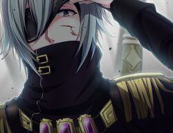 1boy belt belt_buckle belt_collar black_belt black_blindfold black_coat black_shirt blindfold blood blood_on_face blue_eyes blue_hair buckle cloud cloudy_sky coat collar covered_mouth epaulettes eyelashes fukuzawa_yukichi_(egoist867) gold_buckle gold_necklace hair_between_eyes highres idolish7 injury jewelry long_sleeves looking_at_viewer male_focus necklace one_eye_covered open_clothes open_coat outdoors petals pillar shirt short_hair sky sleeve_cuffs solo turtleneck turtleneck_shirt upper_body yotsuba_tamaki