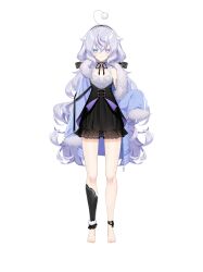1girl absurdres ahoge barefoot black_ribbon blue_eyes blue_jacket collar detached_collar dress frills full_body fur-trimmed_jacket fur_trim grey_hair heterochromia highres jacket jitome kiyoraka_fuwari long_hair long_sleeves looking_at_viewer mismatched_pupils neck_ribbon nyori official_art open_clothes open_jacket pink_eyes ribbon simple_background sleeves_past_fingers sleeves_past_wrists solo standing tachi-e toes transparent_background vebop_project very_long_hair virtual_youtuber white_collar