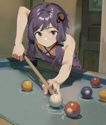 Rule 34 | 1girl, ball, bare arms, bare shoulders, billiard ball, closed mouth, commentary request, criss-cross halter, cue stick, door, dress, hair ornament, halterneck, highres, holding, indoors, lamb (hitsujiniku), leaning forward, long hair, pool table, purple dress, purple eyes, purple hair, solo, table, vocaloid, voiceroid, yuzuki yukari