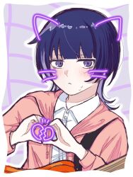 1girl blue_hair blunt_bangs blush broken_heart carpaccio_ramen collared_shirt commentary drawn_ears drawn_heart drawn_whiskers dress_shirt electric_guitar frown fujii_ayame futsuu_no_keion-bu guitar guitar_strap heart heart_hands heart_in_heart_hands hood hooded_jacket instrument jacket jitome looking_at_viewer open_clothes open_jacket pink_jacket purple_eyes purple_hair shirt solo white_shirt wing_collar wolf_cut