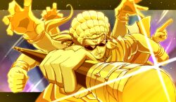 Rule 34 | 1boy, absurdres, artist name, bracelet, buddhism, catovyen, classicaloid, clenched hand, closed mouth, commentary, commentary request, english commentary, extra arms, facial hair, facial mark, forehead mark, furrowed brow, glint, goatee stubble, gold skin, hair ribbon, highres, holding, holding staff, index finger raised, jewelry, johann sebastian bach (classicaloid), letterboxed, long earlobes, male focus, mustache stubble, ponytail, powdered wig, ribbon, solo, staff, stubble, sunglasses, wig