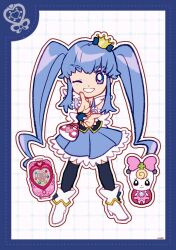 Rule 34 | 1girl, back bow, black thighhighs, black vest, blue border, blue bow, blue eyes, blue hair, blue skirt, blue wrist cuffs, boots, border, bow, cellphone, crown, cure princess, deformed, dot nose, dotted line, feather sleeves, finger gun, flip phone, footwear bow, frilled skirt, frilled wrist cuffs, frills, full body, gold crown, grid background, grin, hair bow, happinesscharge precure!, happy, high heel boots, high heels, highres, legs apart, light blush, long hair, looking at viewer, magical girl, mini crown, miniskirt, one eye closed, outline, own hands together, phone, pleated skirt, precure, ribbon (happinesscharge precure!), shirayuki hime, short sleeves, sidelocks, signature, skirt, smile, standing, straight-on, tareme, thighhighs, twintails, uwded 207, very long hair, vest, wavy hair, white background, white bag, white boots, white bow, white outline, white sleeves, wrist cuffs