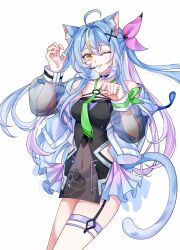 1girl absurdres ahoge animal_ear_fluff animal_ears animal_hands bare_shoulders blue_hair breasts cat_ears cat_girl cybermyth fluff godsoul gradient_hair hair_ornament highres multicolored_hair non-web_source orange_eyes purple_hair solo streaked_hair tail tongue x_hair_ornament