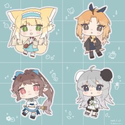 4girls animal_ears arknights bird_girl blonde_hair blue_hairband brown_hair character_request chibi commentary eyjafjalla_(arknights) eyjafjalla_the_hvit_aska_(a_picnic_before_a_long_trip)_(arknights) eyjafjalla_the_hvit_aska_(arknights) fox_ears fox_girl fox_tail green_eyes grey_hair hairband haru_(aona1122) highres horns jacket kitsune kyuubi long_hair multiple_girls multiple_tails official_alternate_costume open_clothes open_jacket pinecone_(arknights) sheep_ears sheep_girl sheep_horns suzuran_(arknights) suzuran_(spring_praise)_(arknights) symbol-only_commentary tail