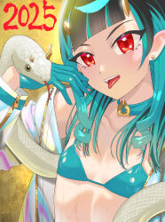 1girl 2025 alternate_costume bikini black_hair blue_bikini blue_choker blue_hair blunt_bangs buren choker commentary_request demon_girl demon_horns earrings flat_chest highres horns jacket jewelry long_hair looking_at_viewer multicolored_hair nanashi_inc. open_clothes open_jacket open_mouth pointy_ears red_eyes shishio_chris smile snake solo stud_earrings swimsuit tongue tongue_out two-tone_hair virtual_youtuber white_jacket white_snake yellow_background