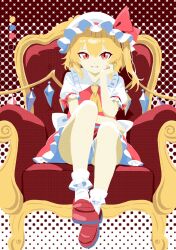 1girl 3y7cucaciv6362g ascot blonde_hair bow chair color_guide commentary_request crystal_wings dress flandre_scarlet frilled_dress frilled_socks frills full_body hand_on_own_chin hat hat_bow highres looking_at_viewer mob_cap on_chair puffy_sleeves red_bow red_eyes red_shoes shoes short_hair sitting smile socks solo touhou white_hair white_socks wings yellow_ascot
