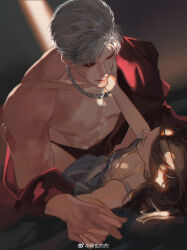 Rule 34 | 1boy, 1girl, abs, biceps, blurry, blurry background, brown hair, closed mouth, collarbone, dress, grey dress, hand on another&#039;s face, hetero, highres, holding hands, jewelry, long hair, looking at another, love and deepspace, muscular, muscular male, necklace, nose, on bed, open clothes, parted bangs, pectorals, protagonist (love and deepspace), red eyes, red robe, robe, short hair, smile, sylus (love and deepspace), veins, watermark, weibo username, weibo watermark, white hair, xiheanar
