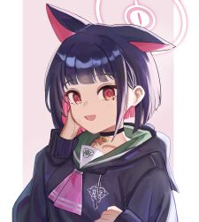 1girl absurdres animal_ears black_choker black_hair black_hoodie blue_archive cat_choker cat_ears choker colored_inner_animal_ears colored_inner_hair green_sailor_collar hakotheboxxx halo hand_on_own_face highres hood hoodie jacket kazusa_(blue_archive) long_sleeves looking_at_viewer multicolored_hair neckerchief pink_background pink_halo pink_neckerchief red_eyes sailor_collar short_hair smile solo two-tone_hair
