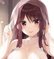 Rule 34 | 1girl, :d, bare shoulders, blush, bosei kanojo -shikyuu kikan-hen-, breasts, bridal veil, brown eyes, brown hair, cleavage, collarbone, commentary request, cropped, hair between eyes, hands up, jewelry, large breasts, long hair, looking at viewer, necklace, official art, open mouth, oryo (oryo04), pearl necklace, see-through clothes, see-through veil, smile, solo, tachibana miori, veil, white veil