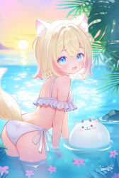 Rule 34 | 1girl, :d, animal ears, bikini, blonde hair, blue eyes, breasts, dog ears, dog girl, dog tail, fangs, floating flowers, highres, hololive, hololive english, iqchan, mococo abyssgard, multicolored hair, open mouth, palm leaf, perroccino (fuwamoco), pink hair, rock, short hair, skin fangs, small breasts, smile, sunset, swimsuit, tail, twilight, two-tone hair, virtual youtuber, wading, water, white bikini