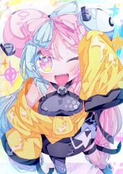 Rule 34 | 1girl, ;d, absurdres, black jacket, blue hair, bow-shaped hair, breasts, character hair ornament, eyes visible through hair, feet out of frame, grey pantyhose, hair ornament, halterneck, hexagon print, highres, iono (pokemon), jacket, legs apart, light blue hair, long hair, medium breasts, mekziro, multicolored hair, multicolored jacket, nintendo, one eye closed, open mouth, oversized clothes, pantyhose, pink eyes, pink hair, pokemon, pokemon sv, sharp teeth, single leg pantyhose, sleeves past fingers, sleeves past wrists, smile, solo, sparkle, split-color hair, standing, star (symbol), star in eye, symbol in eye, teeth, thigh strap, two-tone hair, two-tone jacket, v-shaped eyebrows, very long hair, x, yellow jacket