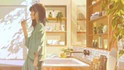 Rule 34 | 1girl, bathroom, bottle, brown hair, brushing teeth, from side, gemi, green pajamas, green shirt, holding, holding toothbrush, indoors, long hair, long sleeves, looking ahead, messy hair, original, pajamas, plant, potted plant, profile, rubber duck, shirt, sink, sleepwear, solo, tissue box, toothbrush, towel