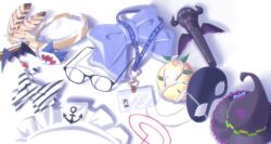 a-chan_(hololive) absurdres anchor anchor_ornament apple bat_hair_ornament black_bow blue_bow bow branch ceres_fauna character_name commentary diagonal-striped_bow english_commentary eye_mask feathers food fruit gawr_gura ginfutsuu glasses golden_apple hair_ornament hair_tie hat highres hololive hololive_english id_card kiryu_coco lanyard leaf limiter_(tsukumo_sana) magnifying_glass maid_headdress mano_aloe mask microphone minato_aqua murasaki_shion nanashi_mumei no_humans object_focus rectangular_eyewear sakamata_chloe shadow shark_hair_ornament still_life trait_connection triangle tsukumo_sana two-tone_bow unworn_eyewear unworn_hair_ornament unworn_hat unworn_headwear unworn_mask variant_set virtual_youtuber watson_amelia white_background white_bow witch_hat yozora_mel