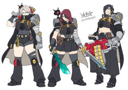 Rule 34 | 3girls, abs, adeptus astartes, armor, black skirt, cape, delinquent, dual wielding, earpiece, english text, gauntlets, gun, heavy bolter, highres, holding, holding bolter, holding gun, holding sword, holding weapon, hood, long skirt, miniskirt, multiple girls, navel, pauldrons, plasma pistol, ryuusei (mark ii), shorts, shoulder armor, single pauldron, skirt, skull ornament, sukeban, sword, warhammer 40k, weapon