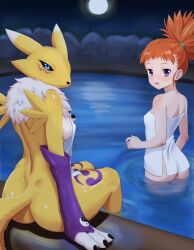 2girls absurdres animal_ears ass blue_eyes blush closed_mouth digimon digimon_(creature) digimon_tamers fox_ears fox_girl fox_tail full_moon furry furry_female highres looking_at_viewer makino_ruki medium_hair moon multiple_girls naked_towel omeka_gamma onsen open_mouth orange_hair ponytail purple_eyes renamon tail towel water yellow_fur