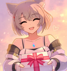 1girl :d ^_^ absurdres animal_ear_fluff animal_ears asymmetrical_bangs bare_shoulders cat_ears cat_girl closed_eyes collarbone commentary english_commentary enni gift grey_hair heart highres holding holding_gift mio_(xenoblade) open_mouth short_hair smile solo teeth upper_body upper_teeth_only xenoblade_chronicles_(series) xenoblade_chronicles_3