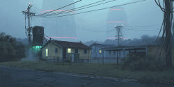 architecture cable chain-link_fence evening fence grass highres house no_humans original power_lines road simon_stalenhag utility_pole