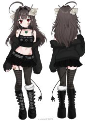 1girl ahoge animal animal_on_head artist_name bags_under_eyes bandaid bandaid_on_cheek bandaid_on_face bandaid_on_leg bare_shoulders belt black_boots black_choker black_jacket black_shirt black_skirt boots brown_hair bug cable cable_tail choker closed_mouth cropped_shirt electric_plug electric_plug_tail fishnet_pantyhose fishnets from_behind full_body garter_straps hair_intakes heart heart_necklace highres insect jacket jewelry long_hair looking_at_viewer mechanical_tail midriff miniskirt mole mole_under_eye moth multiple_views navel necklace off_shoulder on_head open_clothes open_jacket original pantyhose platform_boots red_eyes shirt simple_background single_leg_pantyhose single_thighhigh skirt spaghetti_strap spiked_choker spikes standing striped_clothes striped_thighhighs studded_belt tail thighhighs vickie_(cryingrobot) vickie_(cryingrobot)_(character) white_background you_are_an_idiot_(virus)