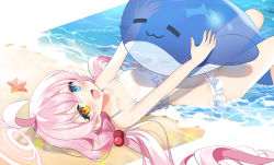 Rule 34 | 1girl, :d, ahoge, bare arms, bare shoulders, beach, bikini, blue archive, blue eyes, blush, commentary request, frilled bikini, frills, hair between eyes, hair bobbles, hair ornament, halo, heterochromia, holding, hoshino (blue archive), hoshino (swimsuit) (blue archive), inflatable toy, inflatable whale, knees up, kurot, long hair, looking at viewer, low twintails, lying, on back, open mouth, outstretched arms, pink hair, sand, shallow water, smile, solo, starfish, swimsuit, transparent, twintails, very long hair, water, white bikini, yellow eyes