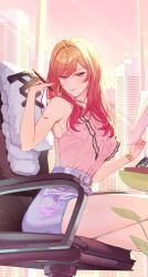 Rule 34 | 1girl, absurdres, ahoge, bare arms, blouse, center frills, chair, closed mouth, colored inner hair, commentary, day, earrings, frills, fur jacket, gold choker, hair ornament, hairclip, highres, holding, holding paper, holding pen, hololive, hololive dev is, ichijou ririka, ichijou ririka (1st costume), indoors, jacket, jewelry, long hair, looking at viewer, miniskirt, multicolored hair, nefula14, on chair, orange eyes, orange hair, paper, parallel hairclips, pen, pencil skirt, pink hair, pink shirt, purple skirt, shirt, shirt tucked in, sitting, skirt, sleeveless, sleeveless shirt, solo, swept bangs, unworn jacket, virtual youtuber, watch, white jacket, window, wristwatch