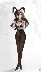 1girl alternate_costume animal_ear_hairband animal_ears arknights arm_under_breasts bare_shoulders biting biting_glove black_bow black_bowtie black_eyes black_gloves black_hairband black_leotard black_shoes blush bow bowtie breasts brown_hair brown_pantyhose cleavage commentary commentary_typo covered_navel detached_collar english_commentary fake_animal_ears full_body gloves hair_between_eyes hairband high_heels highleg highleg_leotard highres kentangbasi98 leotard long_hair looking_at_viewer medium_breasts pantyhose playboy_bunny priestess_(arknights) rabbit_ear_hairband rabbit_ears shoes smile solo sparkle standing strapless strapless_leotard traditional_bowtie wrist_cuffs