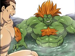 Rule 34 | 2boys, abs, bara, blank eyes, blanka, brown hair, claws, colored skin, commentary request, fangs, green skin, hibiki dan, large pectorals, male focus, multiple boys, muscular, muscular male, nipples, onsen, orange hair, partially submerged, pectorals, street fighter, thick arm hair, thick chest hair, water, zoku bu