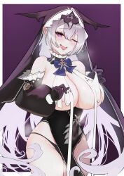 1girl absurdres azur_lane bare_shoulders black_gloves black_panties blush border braid breast_curtains breasts covered_navel detached_sleeves duguay-trouin_(azur_lane) fangs gloves grey_hair highres huge_breasts long_hair looking_at_viewer mole mole_under_eye nonokuro_no96 nun one_eye_closed open_mouth outside_border panties pelvic_curtain pointy_ears purple_background purple_eyes simple_background skin_fangs solo underwear very_long_hair white_border