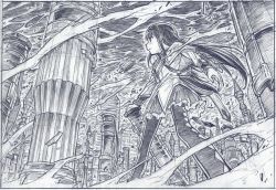 10s 1girl akemi_homura akemi_homura_(magical_girl) at4 battle city female_focus greyscale long_hair magical_girl mahou_shoujo_madoka_magica mahou_shoujo_madoka_magica_(anime) man-portable_anti-tank_systems monochrome pantyhose recoilless_gun rocket_launcher rpg_(weapon) sakino_shingetsu solo traditional_media weapon