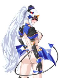 Rule 34 | 1girl, absurdres, alternate costume, areola slip, ass, back, black gloves, black thighhighs, blush, breasts, butt crack, corruption, covered erect nipples, dark persona, demon girl, demon tail, demon wings, elbow gloves, eye mask, facial mark, from behind, girls&#039; frontline, gloves, hair ornament, hat, highres, hk416 (girls&#039; frontline), large breasts, logia13laplace, long hair, low wings, mask, open mouth, ponytail, puffy short sleeves, puffy sleeves, revealing clothes, short sleeves, shrug (clothing), sideboob, simple background, slave gear, slingshot swimsuit, smile, solo, swimsuit, tail, tattoo, teardrop facial mark, teardrop tattoo, thigh strap, thighhighs, transparent background, ts magical girl nao, variant set, very long hair, white background, white hair, wings